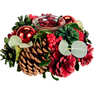 Christmas Tealight Candle Holder Wreath, 20 cm Glass Cup & Pine Cones