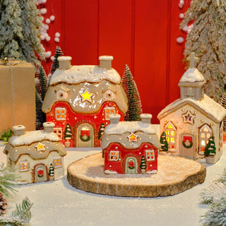 Red Stoneware Christmas House Tealight Holder | Christmas Candle Holder House