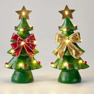 Resin LED Christmas Tree Decoration with Decorative Bow, Battery Operated