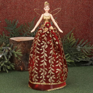 Red Fairy Christmas Tree Topper | Gold Leaf Fairy Angel Tree Ornament - 28cm