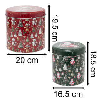 Set of 2 Round Christmas Tins | 2-piece Festive Red & Green Nesting Tins