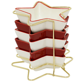 Star-Shaped Set of Snack Bowls, Ceramic Christmas Serving Bowls with Rack