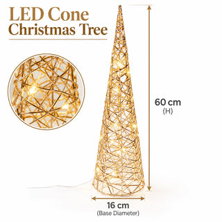 Gold LED Cone Christmas Tree Decoration 60cm, Battery Operated Timer