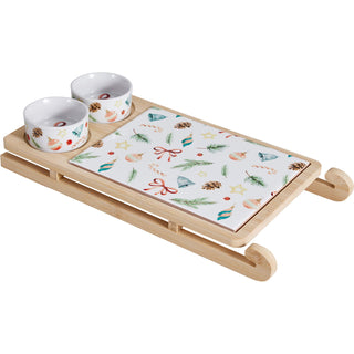 Christmas Sleigh Serving Board Set with Ceramic Platter and 2 Bowls, 33.5 cm