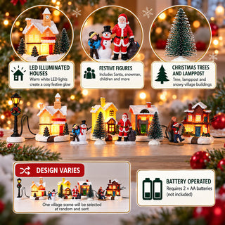 LED Christmas Village Scene, 10-Piece Light-Up Christmas Village Set 4 Houses