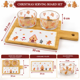 4-Piece Christmas Gingerbread Serving Board Set, 30cm Tray with 2 Glass Bowls