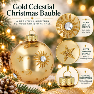 Gold Celestial Glass Christmas Bauble | Sun, Moon & Stars, Gisela Graham 8cm