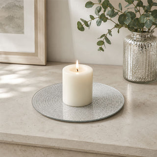 Round Silver Glitter Candle Plate, 15 cm Mirrored Glass Candle Stand