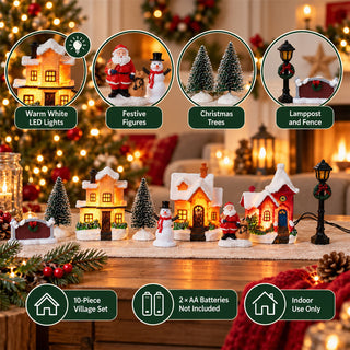 LED Christmas Village Set, 10-Piece Light Up Christmas Street Scene, Warm White