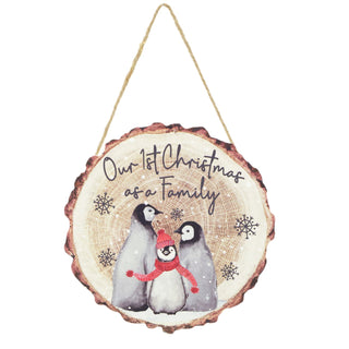 Penguin Family Wooden Hanging Christmas Sign | Our 1st Christmas Festive Plaque | Family Tree First Xmas Hanging Decoration