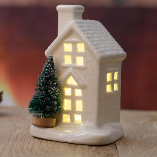 Mini White Ceramic LED Christmas House with Trees Ornament | Light up Decoration