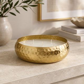 Hammered Gold 5 Wick Candle In Metal Holder, Unscented White Wax, 17.5 cm