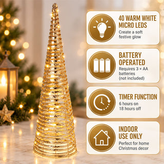 Gold LED Cone Tree Ornament 60cm, 40 Warm White Lights Battery Operated
