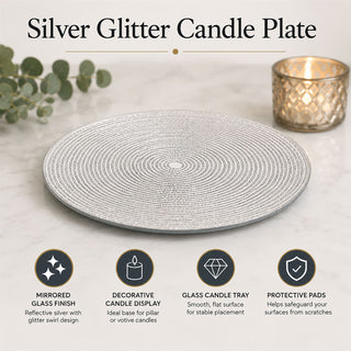 Round Silver Glitter Candle Plate, 15 cm Mirrored Glass Candle Stand