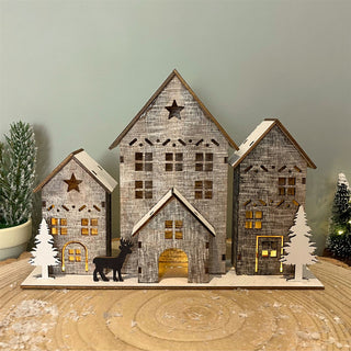 LED Wooden Christmas Scene | Light Up House Christmas Village Ornament - 18x25cm