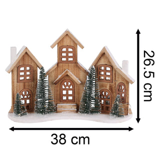 Rustic Wooden LED Christmas Village Scene | Light-Up Christmas Houses - 38x27cm