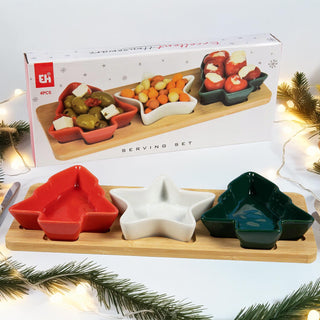 Christmas Serving Set | 3 Ceramic Snack Bowls with Bamboo Paddle Tray