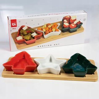 Christmas Serving Set | 3 Ceramic Snack Bowls with Bamboo Paddle Tray