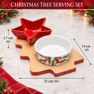 Christmas Tree Serving Set with 2 Ceramic Snack Bowls and Wooden Tray, 3-Piece