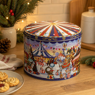 Christmas Storage Tin, Round Metal Carousel Biscuit Tin, 20 cm, Assorted
