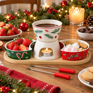 Christmas Chocolate Fondue Set, 6-Piece Ceramic Kit with Bowls & Forks