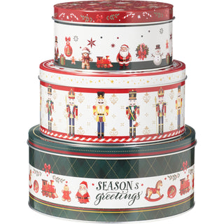 Set of 3 Traditional Christmas Storage Tins | 3-piece Round Kitchen Nesting Tins