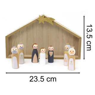 7-Piece Wooden Christmas Nativity Scene with Mini Peg Figures & Stable - 23.5cm