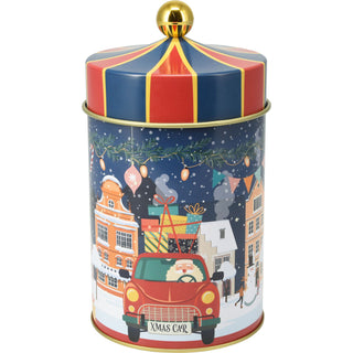 Round Christmas Storage Tin | Festive Carousel Cookie Biscuit Tin - 18cm