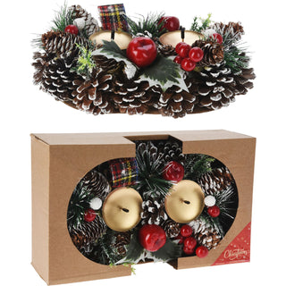 Christmas Wreath Double Candle Holder | Berry & Pinecone Candle Holder - 25cm