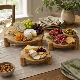 Set of 3 Round Mango Wood Serving Platters, Raised Serving Boards
