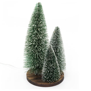 LED Bottle Brush Christmas Trees on Wooden Base | Snowy Green Light-Up Trees