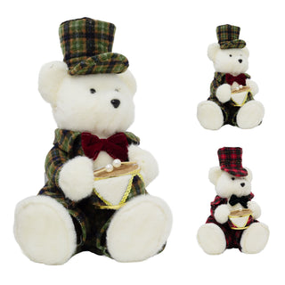 Sitting Christmas Bear Decoration | Fluffy Bear in Tartan Uniform with Drum