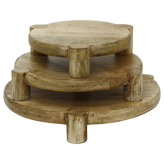 Set of 3 Round Mango Wood Serving Platters, Raised Serving Boards