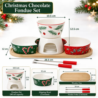 Christmas Chocolate Fondue Set, 6-Piece Ceramic Kit with Bowls & Forks