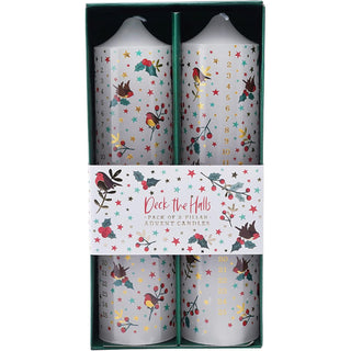 Set of 2 Deck The Halls Christmas Advent Candles | Christmas Pillar Candles