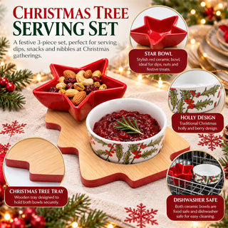 Christmas Tree Serving Set with 2 Ceramic Snack Bowls and Wooden Tray, 3-Piece