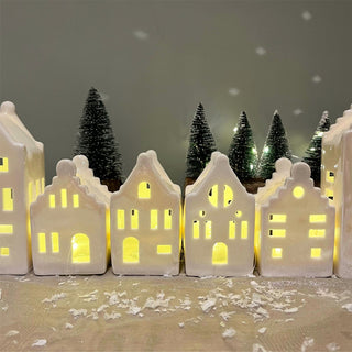 10cm White Ceramic LED Christmas House | Light-Up Ornament | Design Varies