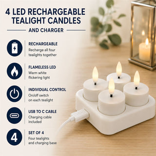 4 LED Rechargeable Tealight Candles and Charger, Rechargeable Flameless Set of 4