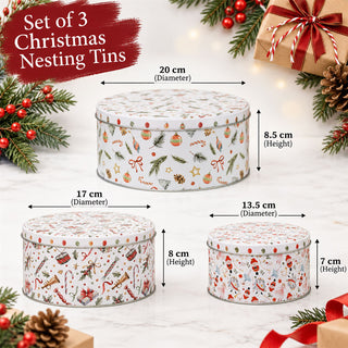 Set of 3 Round Christmas Nesting Tins for Biscuits and Festive Treats