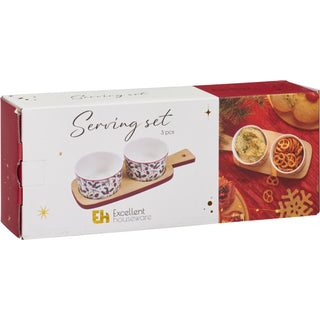 Christmas Mistletoe Serving Set | 2 Ceramic Snack Bowls with Bamboo Paddle Tray