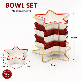 Star-Shaped Set of Snack Bowls, Ceramic Christmas Serving Bowls with Rack