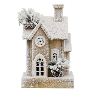 Natural Flocked LED Wooden Christmas House | Rustic Festive Snowy House - 32cm