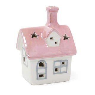 Christmas LED House Ornament | Pink Roof Ceramic LED House Light up Decoration