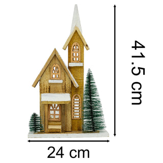 LED Wooden Christmas Church with Trees | Light-Up Nordic Chapel Ornament