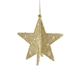 Gold Beaded Star Bauble | Gold Glitter 3D Star Christmas Tree Ornament - 9cm