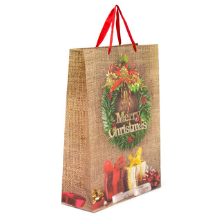 XL Extra Large Christmas Gift Bag 45 x 33cm | Traditional Christmas Wreath Glitter Paper Gift Bag | Christmas Present Bag Xmas Gift Bag