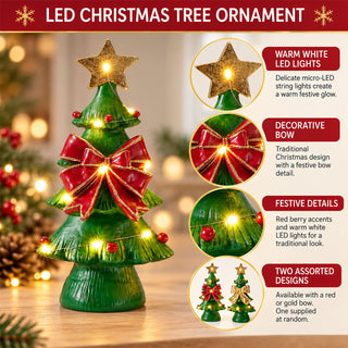 Resin LED Christmas Tree Decoration with Decorative Bow, Battery Operated