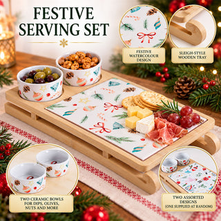 Christmas Sleigh Serving Board Set with Ceramic Platter and 2 Bowls, 33.5 cm