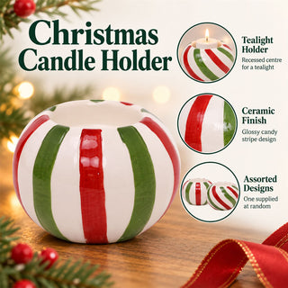 Christmas Candy Stripe Ceramic Candle Holder 9.5x7cm