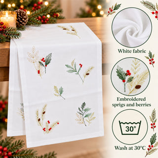 Embroidered Sprigs Christmas Table Runner, Gisela Graham 140cm x 40cm
